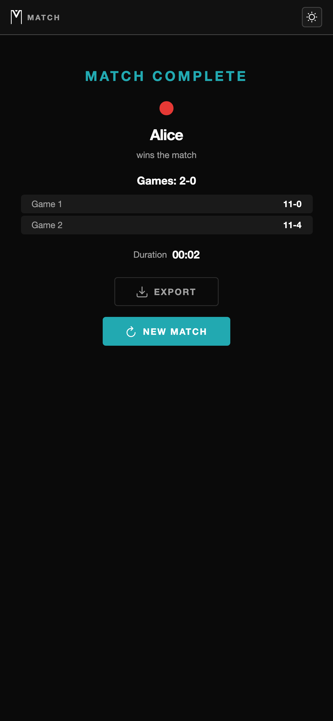Match complete screen — dark mode