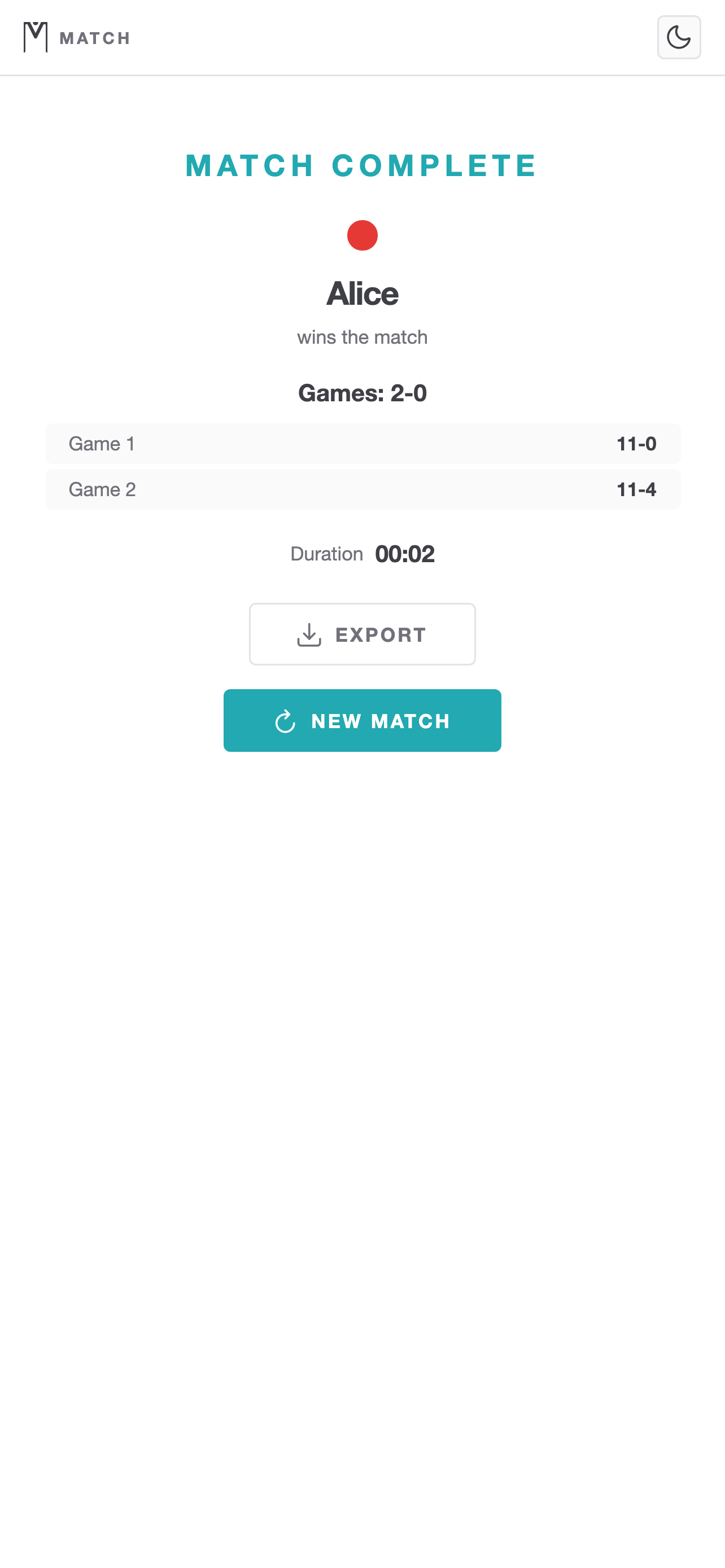 Match complete screen — light mode