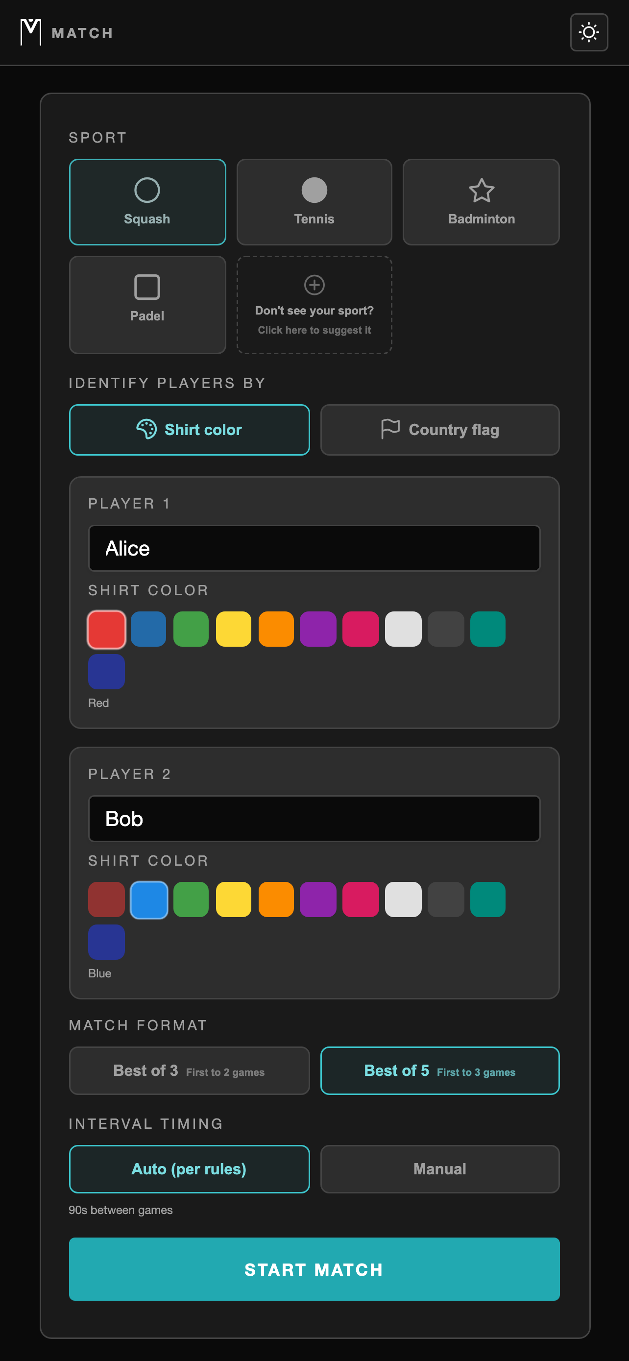 Match setup screen — dark mode
